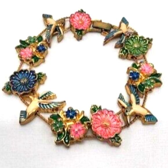 Jewelry - Vintage Enameled Hummingbird & Flowers Goldtone Slide Bracelet